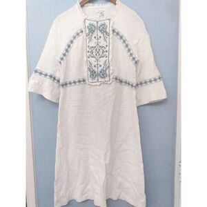 Bohemian White Linen Embroidered Midi Dress with Bell Sleeves Blue Folk Pattern